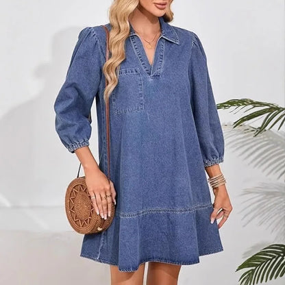 Women Casual Denim Layered Dress Pullover V-Neck Puff 3/4 Sleeve – Loose Fit Daily Comfort Dress