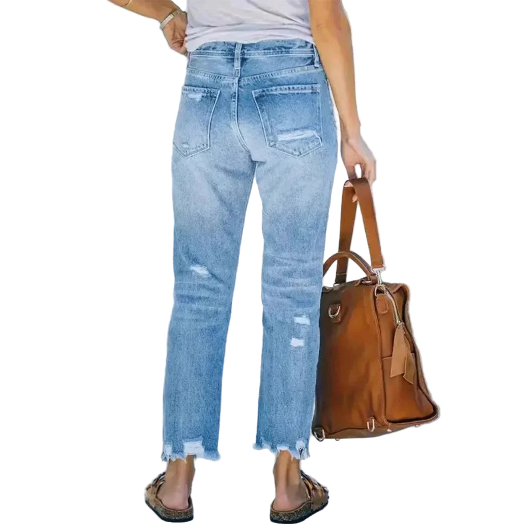 Viva Sleek 2025 Women’s Straight Leg Jeans with Hole Details and Button Decoration – Trendy Casual Denim Pants