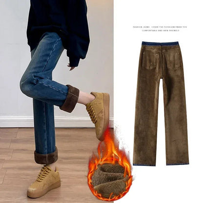 Winter Thickened Women’s Mink Velvet Jeans – Warm Soft Fleece Lined High Waist Loose Straight Pants for Women