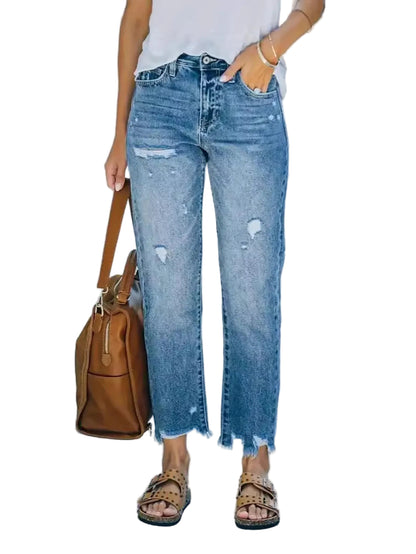 Women’s Straight Leg Jeans with Hole Details and Button Decoration – Trendy Casual Denim Pants