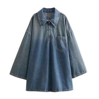 Vintage Denim Dress for Women – Casual Loose Long Sleeve Zipper Dress with Pockets