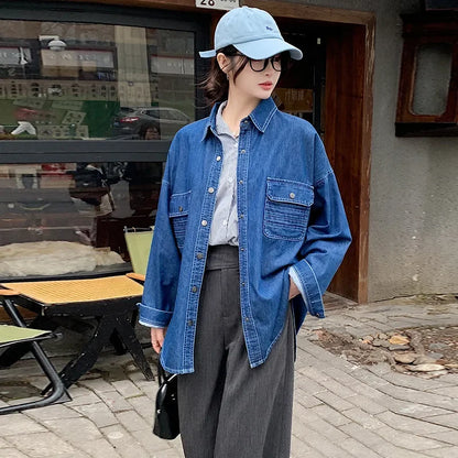 Blue Denim Shirt Jacket Women's Loose Versatile Spring Autumn – Korean Style Trendy Top