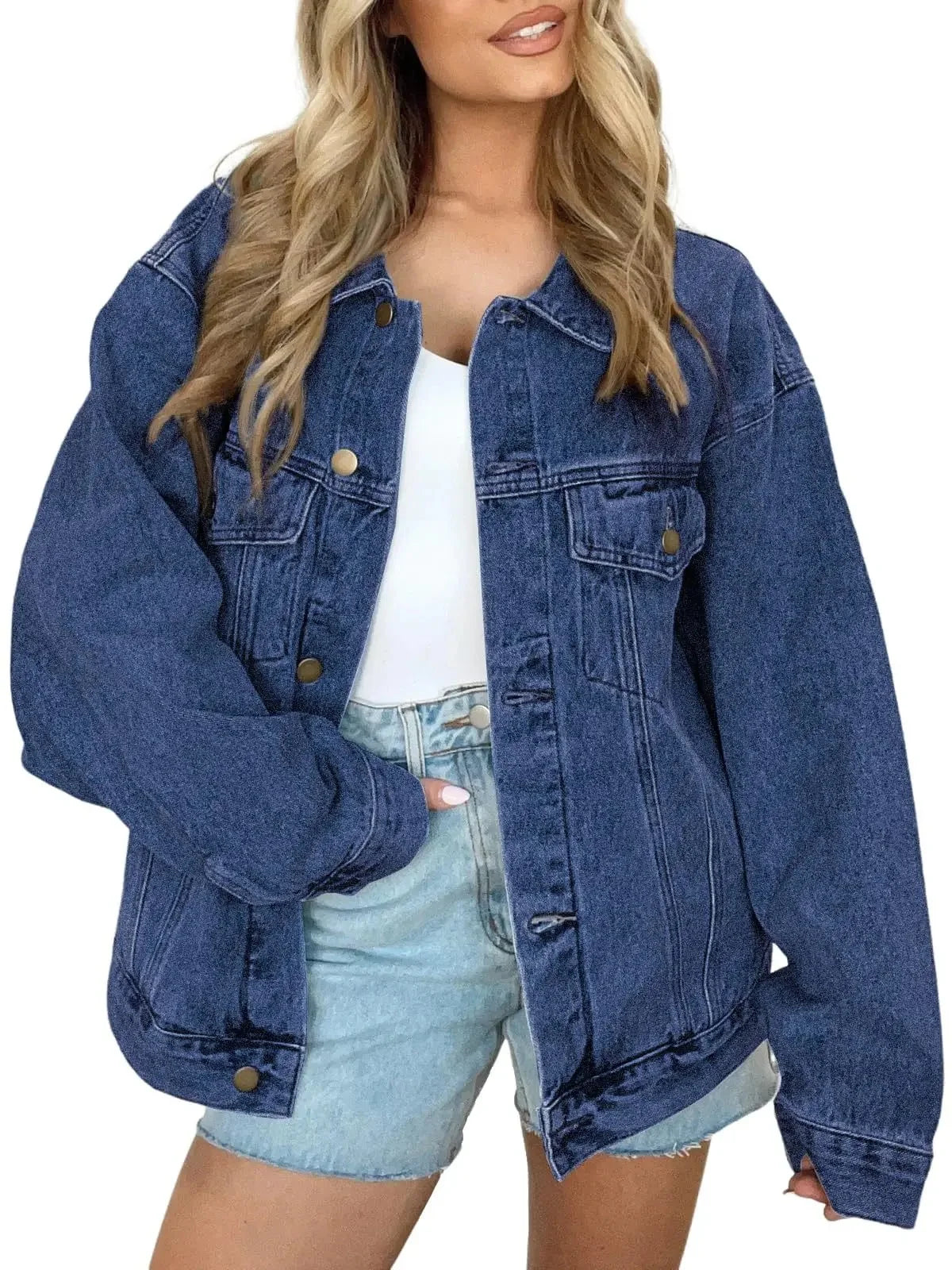Viva Sleek Essential Denim Jacket – Oversized Cotton Fit in Classic Blue