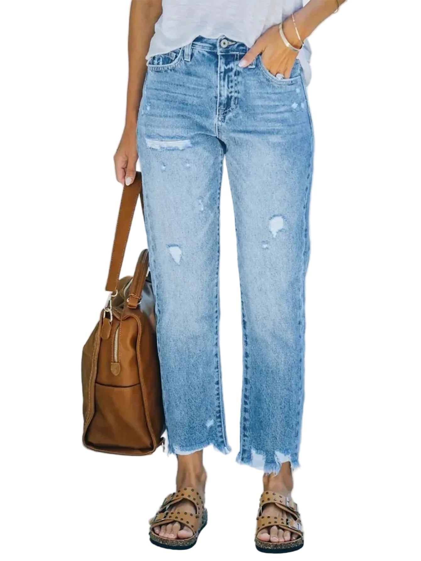 Viva Sleek 2025 Women’s Straight Leg Jeans with Hole Details and Button Decoration – Trendy Casual Denim Pants