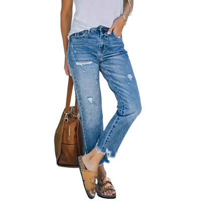 Women’s Straight Leg Jeans with Hole Details and Button Decoration – Trendy Casual Denim Pants