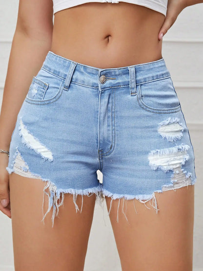 Ripped Raw Denim Shorts For Women Low Waist A-Line Hem Summer Streetwear Hot Pants Blue Skinny Fit