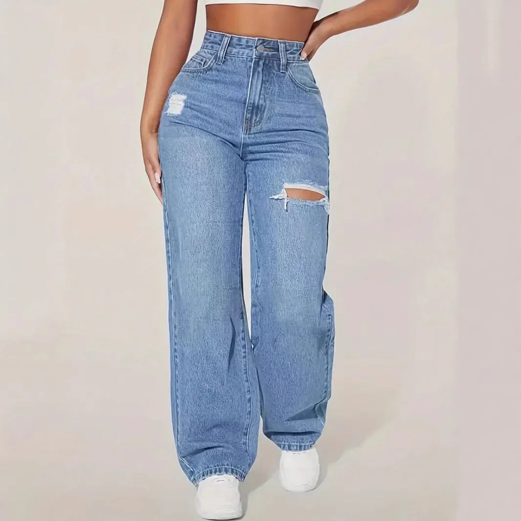 Mom Jeans Women Denim Pants – High Waist Wide Leg Straight Trousers with Hole Splice Design, Y2K Streetwear Casual 2025 Fashion
